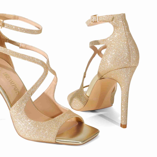 Cross Strappy Stiletto Heels - GOLD-GLITTER - 6